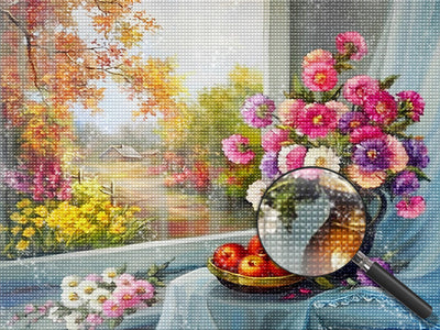 Chrysanthèmes Multicolores et Pommes Broderie Diamant