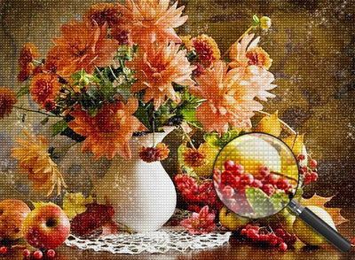 Chrysanthèmes Roses-Oranges et les Fruits Broderie Diamant