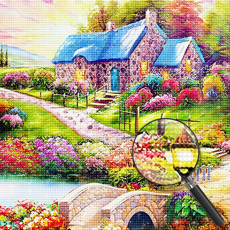 Jardin avec une Maison au Toit Bleu Broderie Diamant