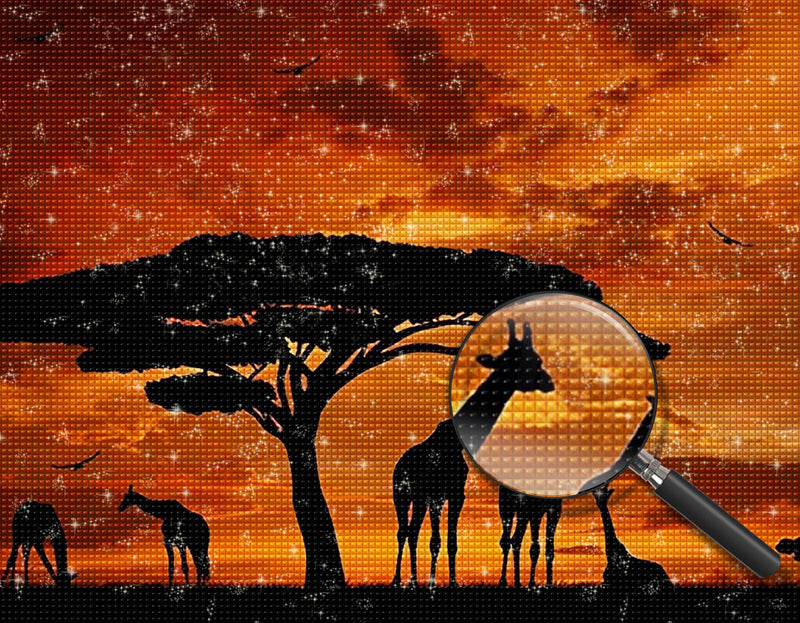 Girafes et Baobaos avecles Nuages Rouges Broderie Diamant