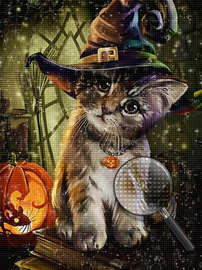 Chaton Mignon avec un Chapeau de Sorcier Broderie Diamant