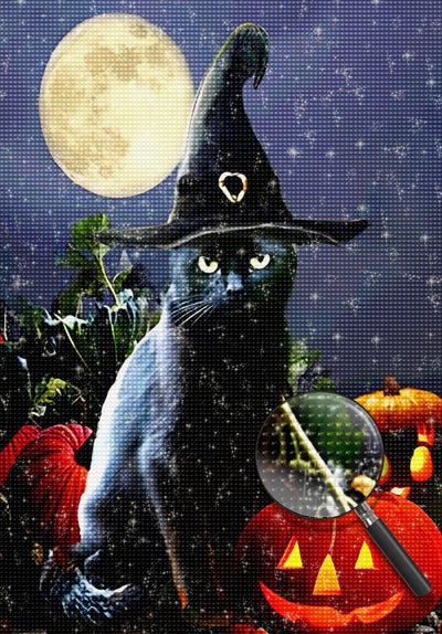 Chat Noir avec un Chapeau de Sorcier Broderie Diamant