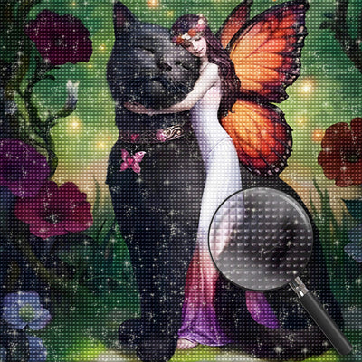 Fée Papillon et Grand Chat Noir Broderie Diamant