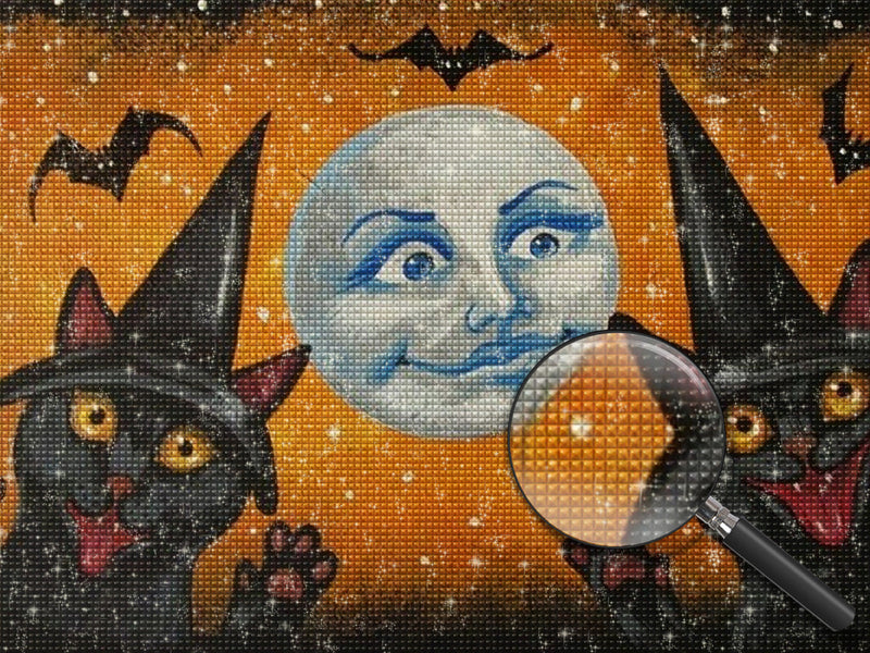 Deux Chats Noirs et la Lune au Visage Humain Broderie Diamant