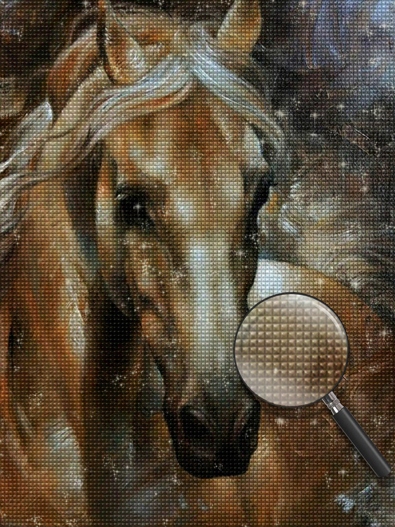 Cheval Marron à la Crinière Blanche Broderie Diamant