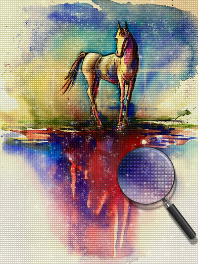 Cheval Fantastique et Son Reflet de l'Eau Broderie Diamant