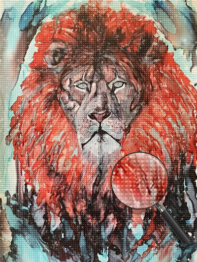 Lion à la Crinière Rouge Broderie Diamant