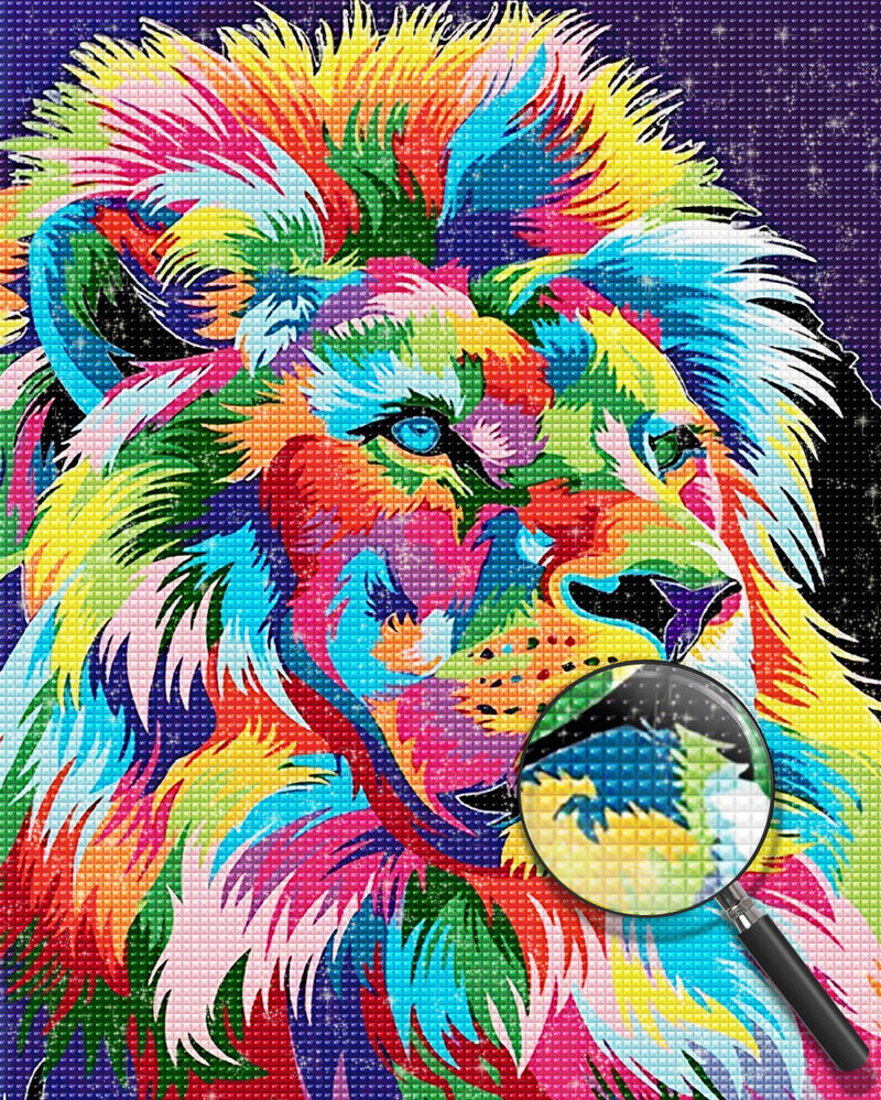 Lion Multicolore à la Crinière Longue Broderie Diamant
