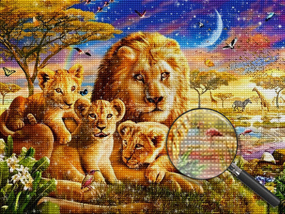 Famille de Lion, Lune et Arc-en-Ciel Broderie Diamant
