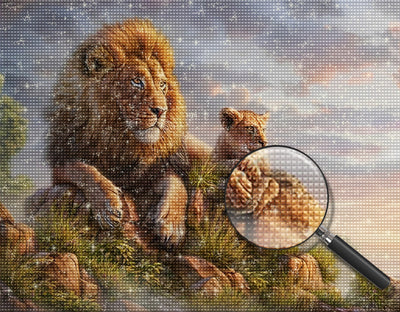 Lion et Son Lionceau dans les Montagnes Broderie Diamant