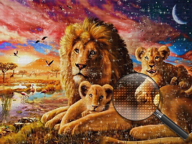 Lion Famille sur la Pelouse Broderie Diamant