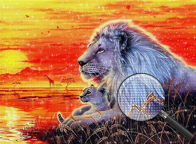 Lion et Son Lionceau avec Lumière Rouge Broderie Diamant