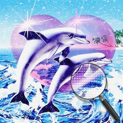 Couple de Dauphins et Coeur Broderie Diamant