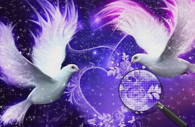 Deux Pigeons Blancs et Coeur des Fleurs Violettes Broderie Diamant