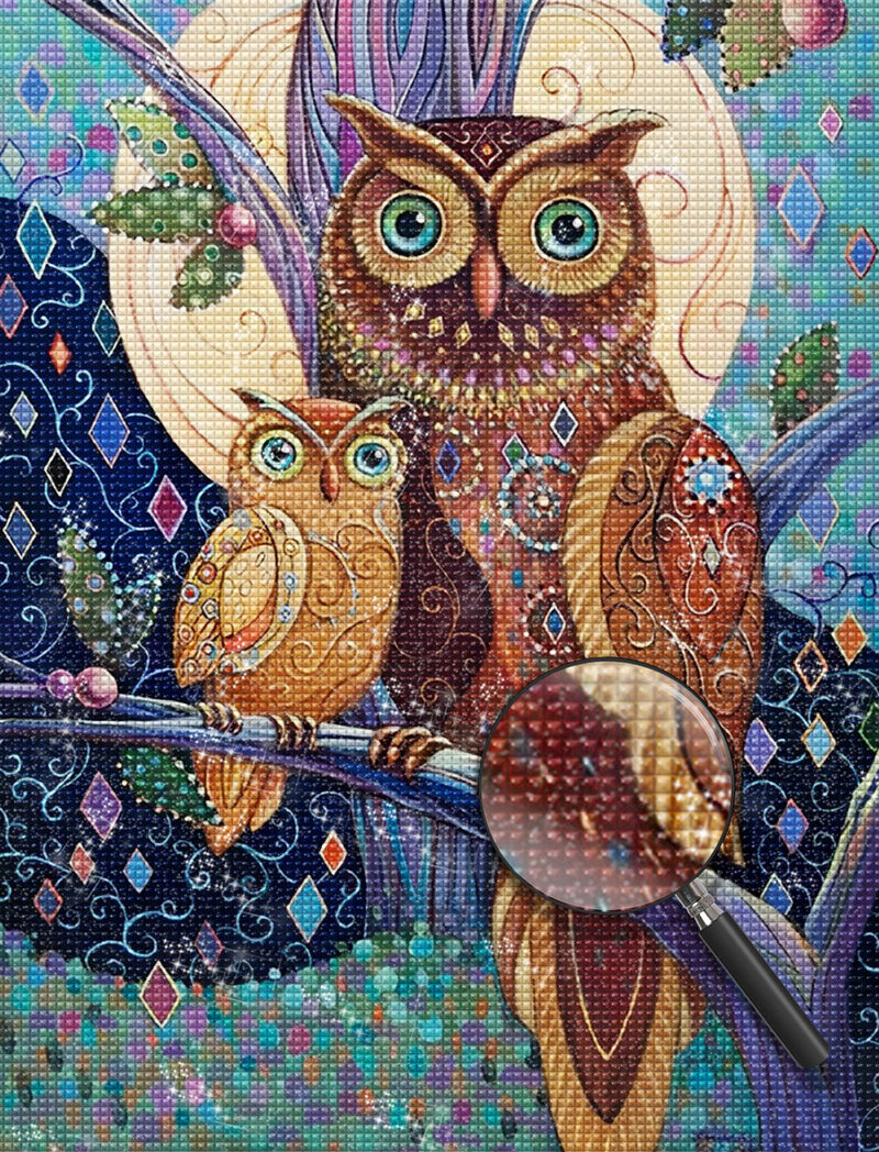 Hibou et Son Bébé Dessinés Broderie Diamant