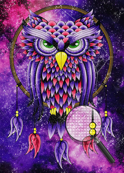 Hibou Violet et Rouge sur Captuer de Rêves Broderie Diamant