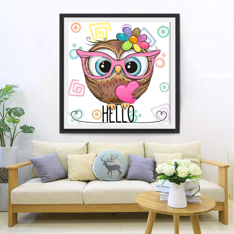 Belle Hibou avec des Lunettes Roses Broderie Diamant