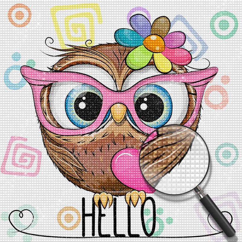 Belle Hibou avec des Lunettes Roses Broderie Diamant