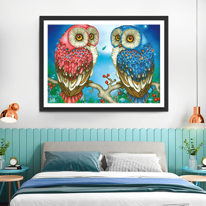 Hibou Rose et Hibou Bleu Broderie Diamant