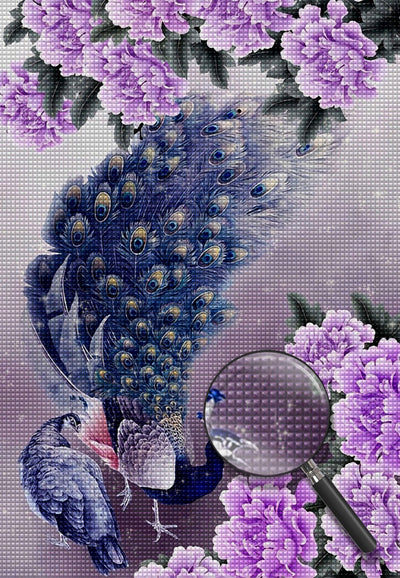 Couple de Paons et les Fleurs Violettes Diamant