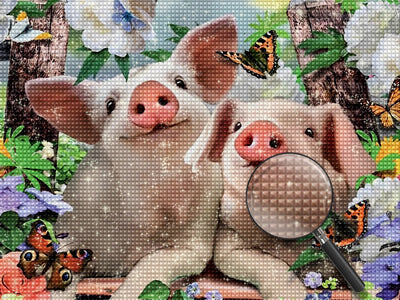 Deux Petits Cochons et Papillons Broderie Diamant