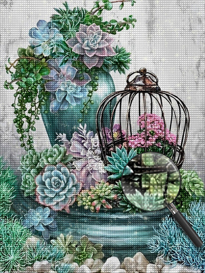 Cage à Oiseaux et Vase Broderie Diamant