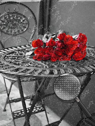 Belles Roses Rouges sur le Table Broderie Diamant