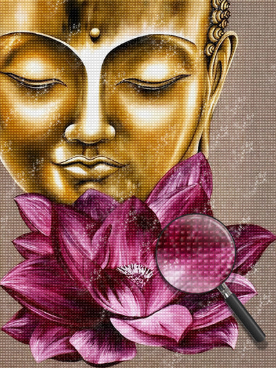 Lotus et Statue Bouddhiste Dorée Broderie Diamant