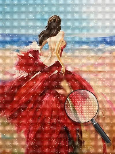 Belle Femme en Robe Rouge au Bord de Mer Broderie Diamant