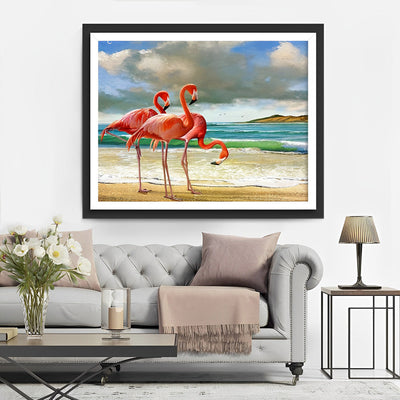 Flamants sur la Plage et les Nuages Broderie Diamant