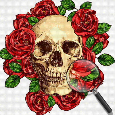 Roses Rouges autour de Crâne Broderie Diamant
