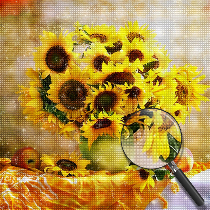 Tournesols dans le Vase Vert et les Pommes Broderie Diamant