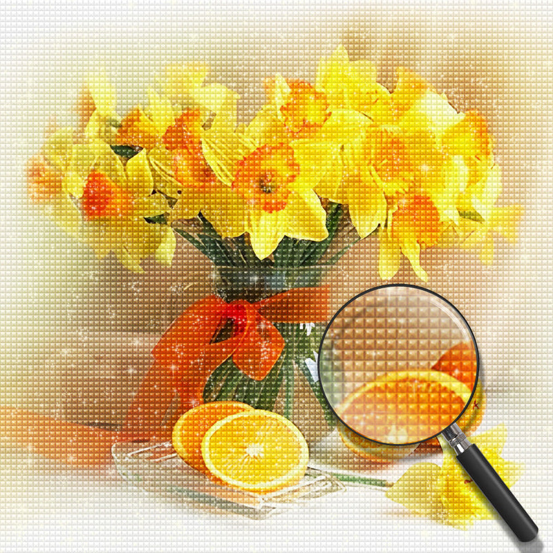 Bouquet de Fleurs Jaunes et les Oranges Broderie Diamant