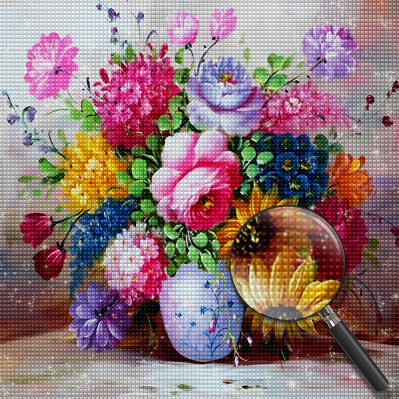 Belles Fleurs Colorées dans un Vase Broderie Diamant