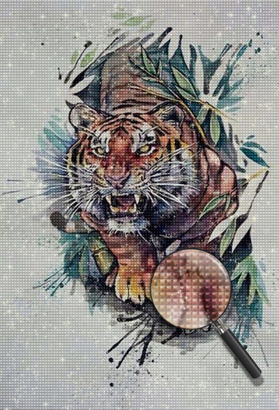 Tigre Féroce et des Feuilles Vertes Broderie Diamant