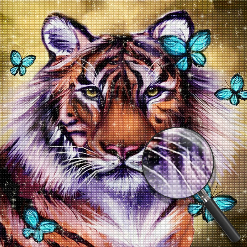 Tigre Roux et des Papillons Bleus Broderie Diamant