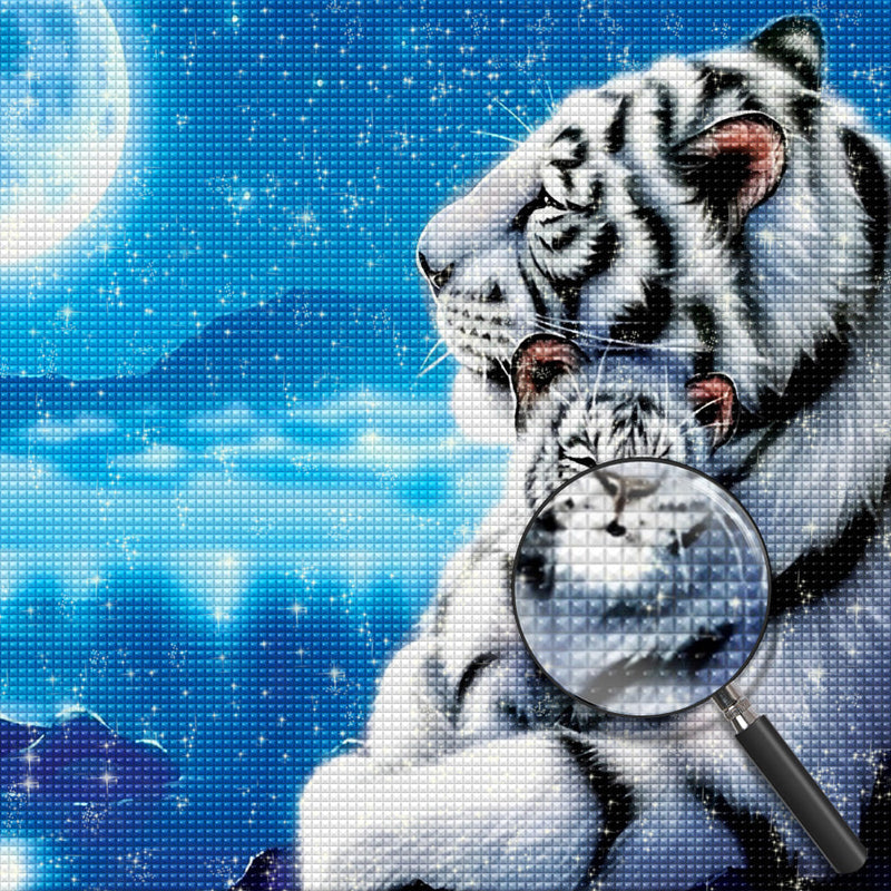 Tigre Blanc et Son Enfant sous la Lune Claire Broderie Diamant