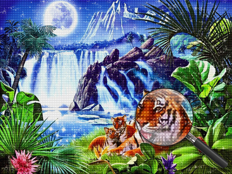 Tigre Famille sous la Lune Claire Broderie Diamant