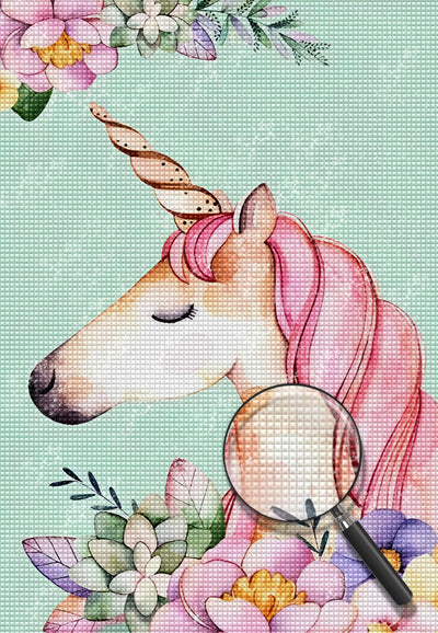 Licorne Rose et Fleurs Variées Broderie Diamant