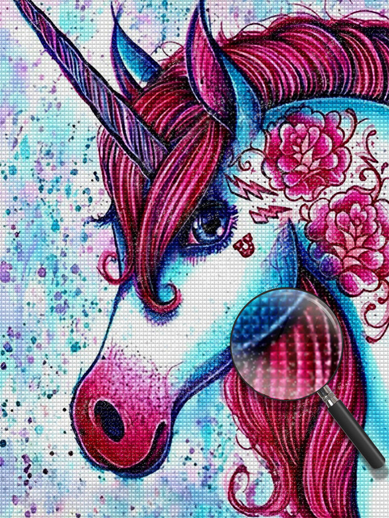 Licorne Bleue à la Crinière Rose Foncé Broderie Diamant