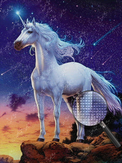 Licorne Blanche en Haut de la Falaise et Etoiles Filantes Broderie Diamant