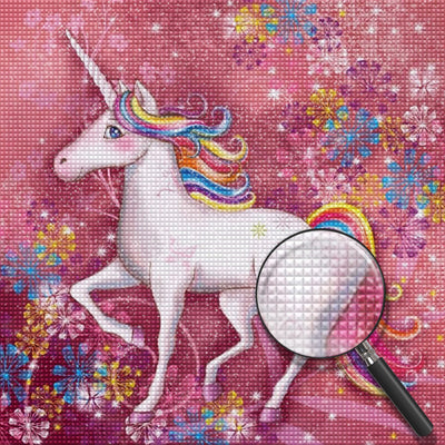 Licorne Blanche et les Fleurs Colorées Broderie Diamant