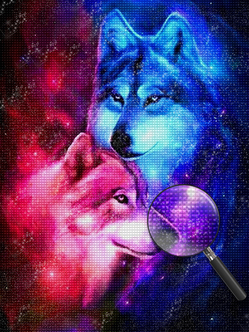 Loup Rouge et Loup Bleu Magnifiques Broderie Diamant