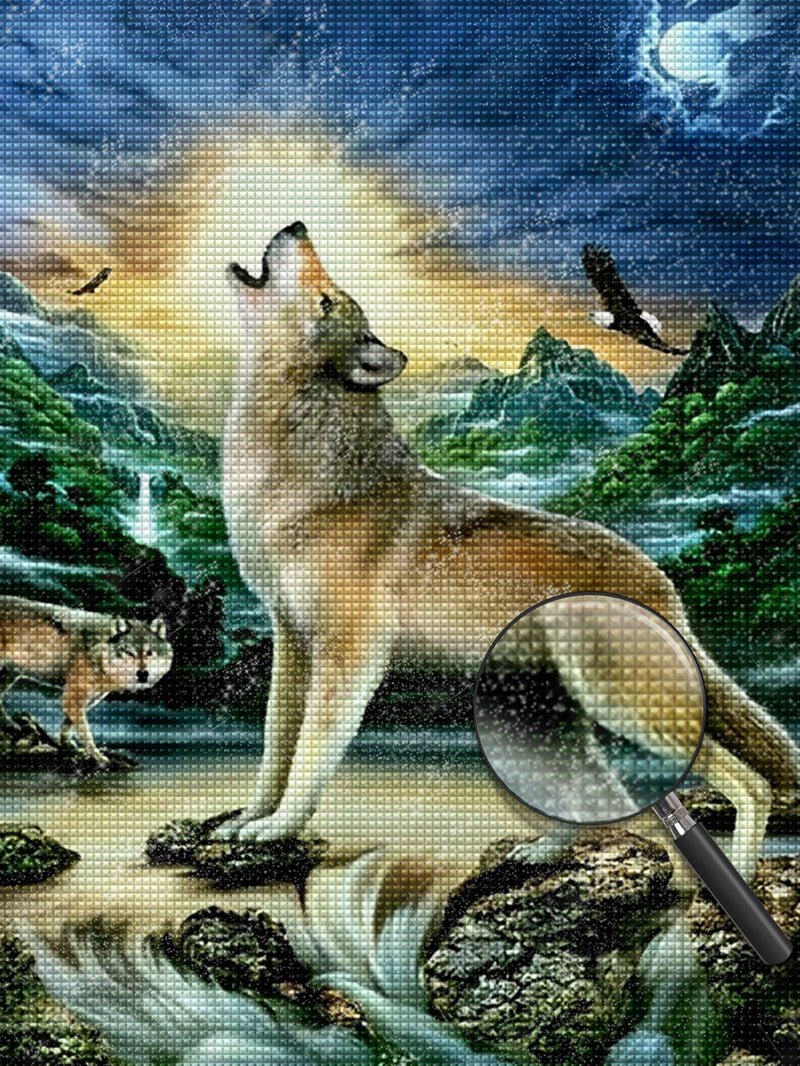 Loup Hurlant dans les Montagnes Broderie Diamant