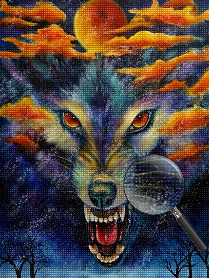 Loup en Colère et les Nuages Rouges Broderie Diamant