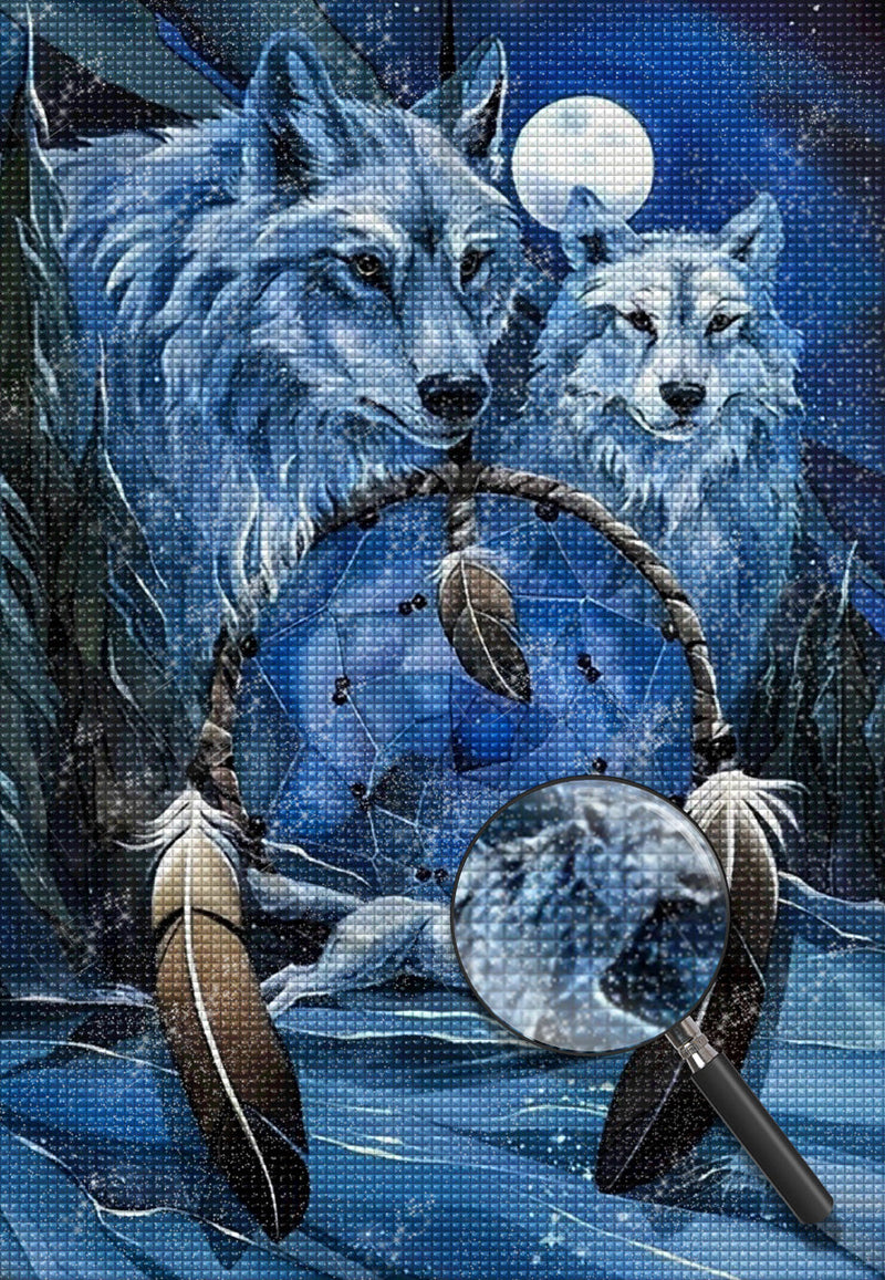 Deux Loups de Neige et Capteur de Rêves Broderie Diamant