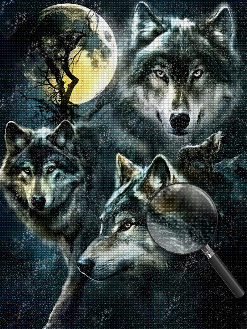 Trois Loup Noirs et la Lune Jaune Broderie Diamant