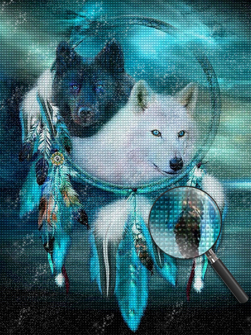 Loup Blanc et Loup Noir avec Capteur de Rêves Broderie Diamant