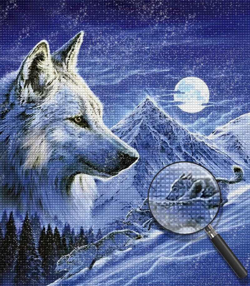 Loup, Montagne Enneigée et Lune Broderie Diamant