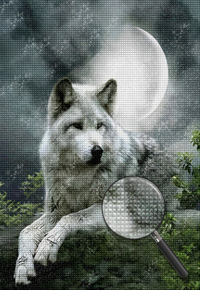 Loup et Lune Blancs Broderie Diamant